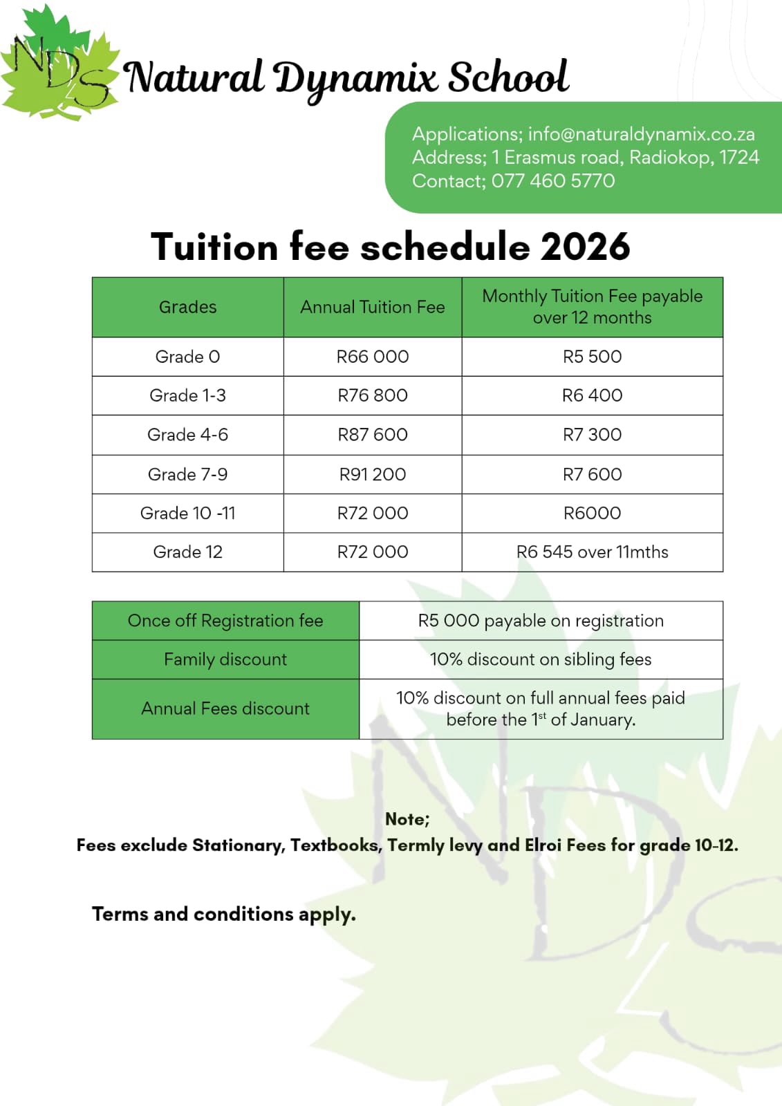 Natural Dynamix School Fees